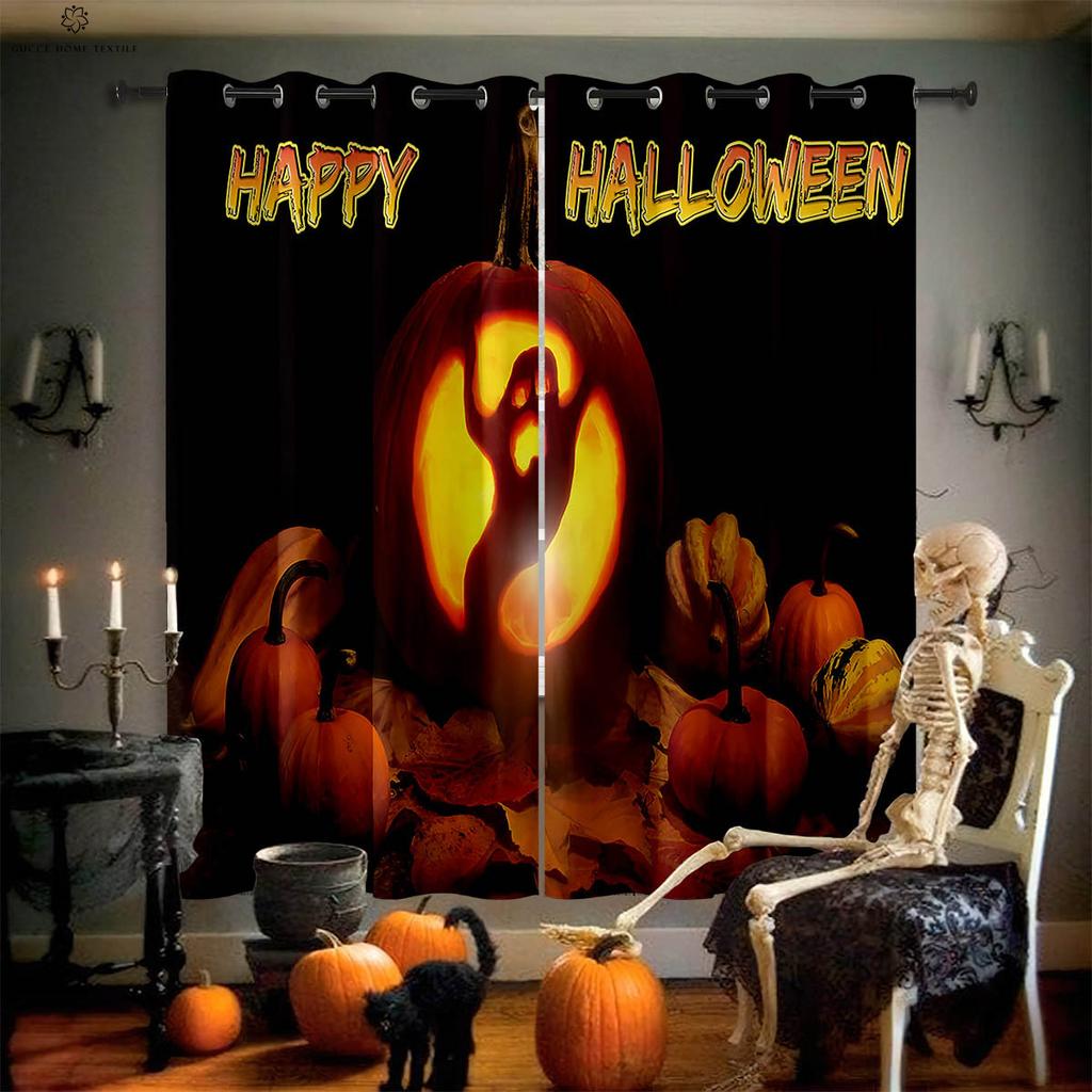 Halloween Skull Spider Web 3D Printed Blackout Curtain, Heat Insulation, Suitable for Bedroom and Dining Room Decoration
