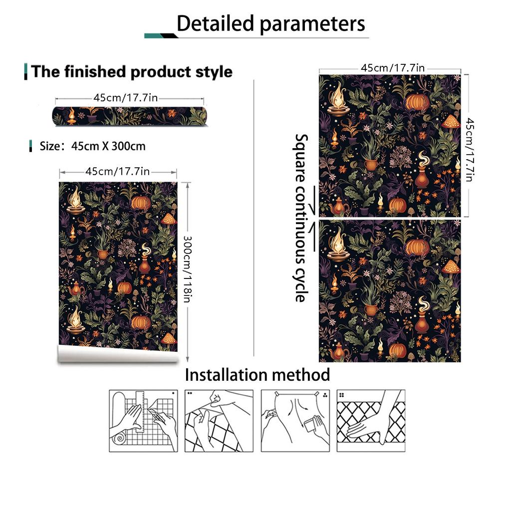 Gothic Boho Peel and Stick Wallpaper Plants Herbs Contact Paper Waterproof Removable Wallpaper for Living Room Bedroom Cabinet