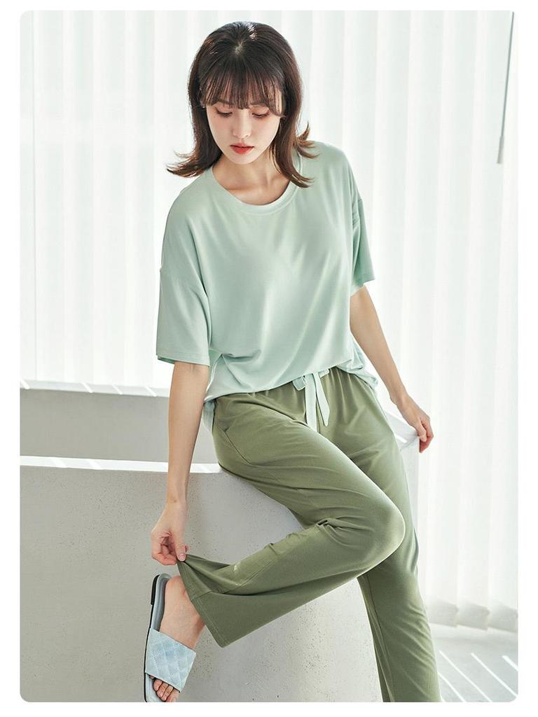 Women's Summer Three-Piece Modal Pajama Set with Bra Pads - Short Sleeve Top, Shorts, and Long Pants for Indoor/Outdoor Wear