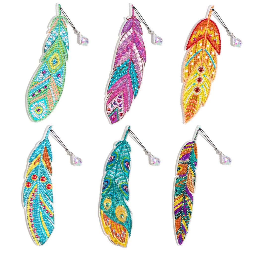 R-MSQ015-037 New Arrival 6pcs Feather Diamond Painting Bookmarks Resinstone Bookmark Pendant