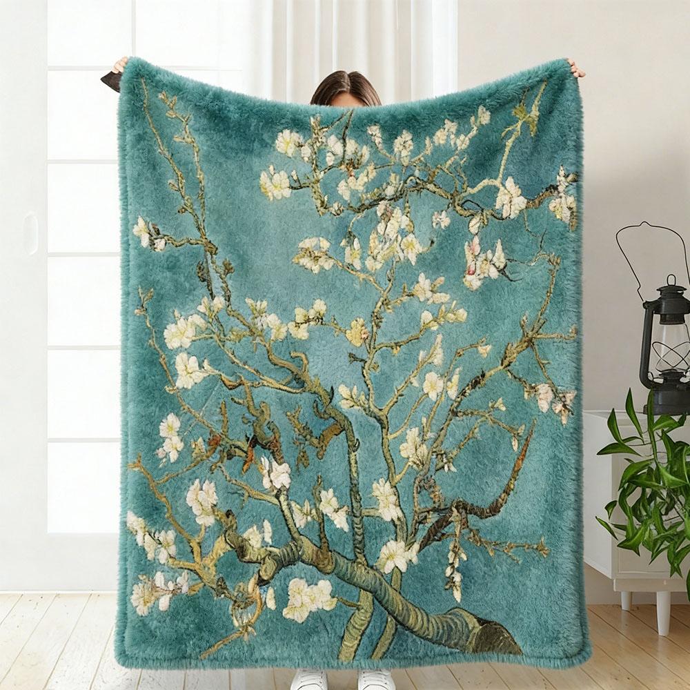 Van Gogh Almond Blossom Flannel Blanket, Classic Impressionist Floral Print, Cozy Artistic Throw for Bed & Sofa