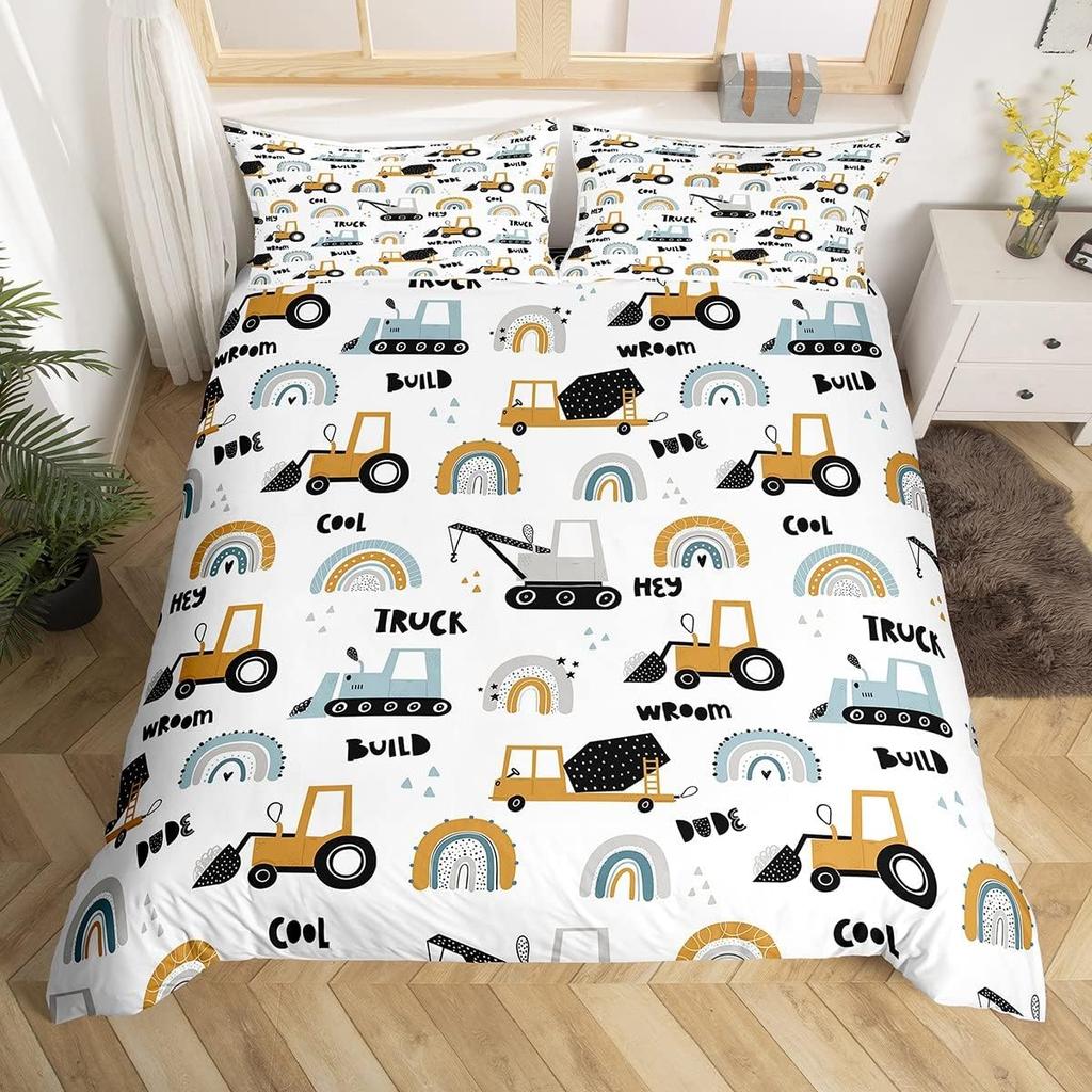 Colorful Cartoon Car Duvet Cover Set Twin King Train Truck Police Car Print Quilt Cover Cartoon Vehicle Bedding Set For Boy Teen