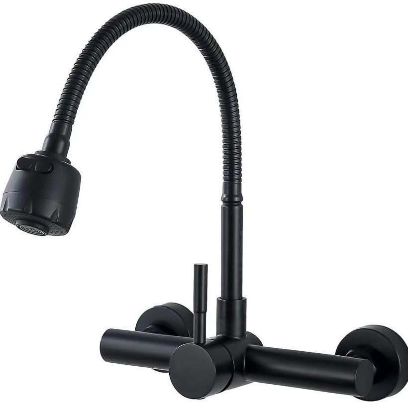 Grifo de Cocina de Acero Inoxidable 304 Montado en Pared de Doble Agujero con Salida Giratoria de Agua Caliente/Fría
