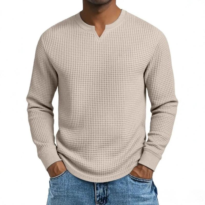 Herren Plus Size Waffel Karomuster Slim Fit Langarm V-Ausschnitt Lässiges T-Shirt