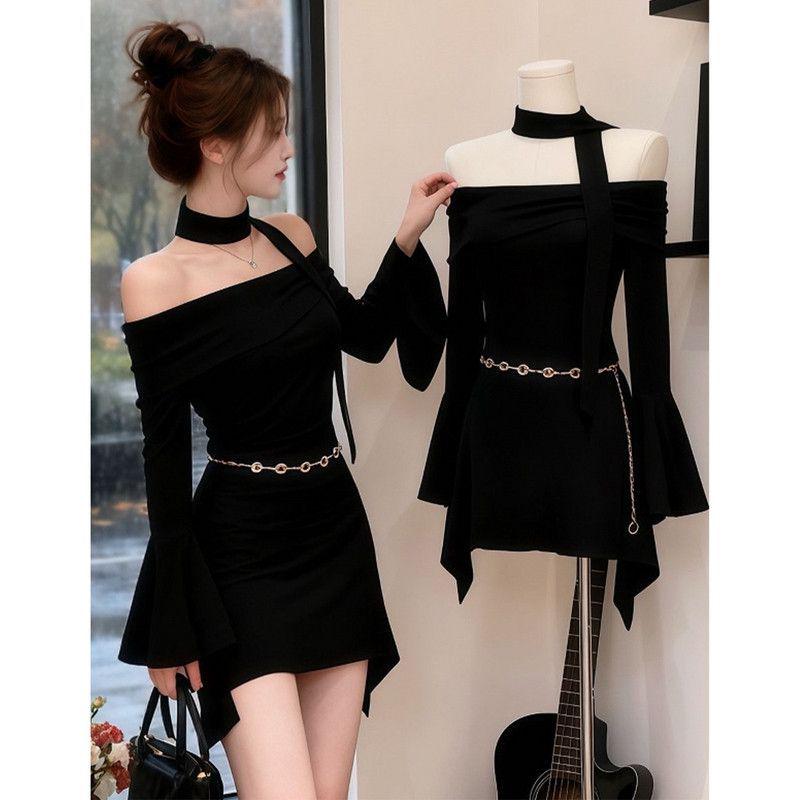 

2025 New French Retro Black Bell Sleeve One-Shoulder Dress for Women - Autumn/Winter Short Skirt S чёрный