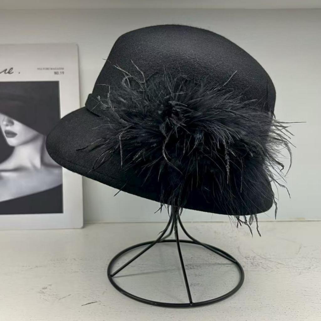 Sweet Celebrity Style Autumn and Winter Australian Wool Feather Decorative Basin Hat Elegant Top Hat Versatile Small Brim Bucket Hat