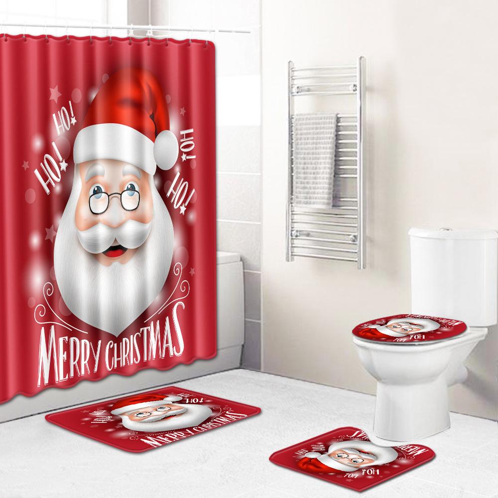 Christmas Toilet Seat Shower Curtain Four-Piece Printed Floor Mat Set Bathroom Floor Mat Bedroom Absorbent Door Mat Carpet
