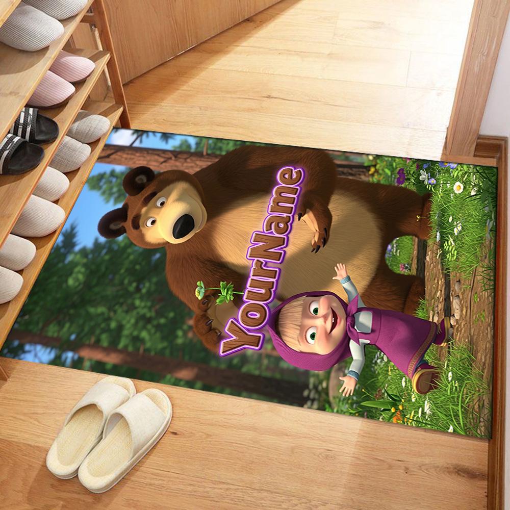 Masha Bear Customizable Name Floor Mat Design for Game Room Balcony Decorate Room Dormitory Antislip Carpet Office Home Decor Spiritual Gift
