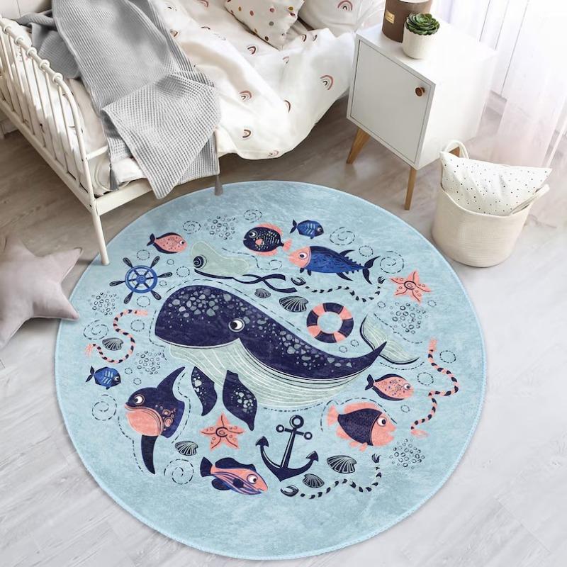 Sea World Nursery Rug Whale Playmat for Kids Room Marine Toddler Round Carpet Hook Non Slip Activity Rug Creatures Playroom Rug