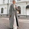 Womens Oversized Wool Blend Coat With Houndstooth V-Neck Single-Breasted Mid-Length Elegant Office Wear