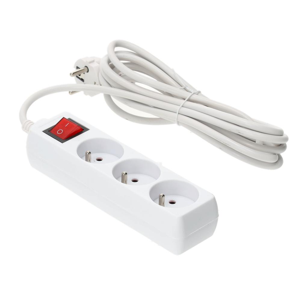 Home Extension Cord, 3 Sockets, 3m, with Grounding and Switch, White
