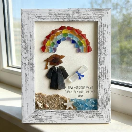 Sea Glass Graduation Art Class of 2026 Keepsake Gift Handmade Sea Glass Wall Art Frame Decor with Rainbow Gift for High School College Graduate