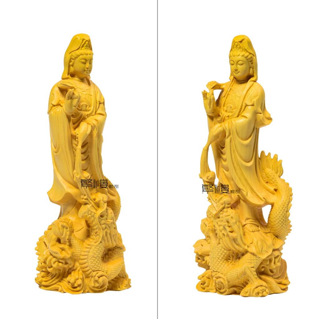 Hanlou Art Sculpture Buddhist Statue, Kannon Statue, Dragon-Riding Kannon, Dragon Kannon Ornament, Wood Carving, Buddhist Altar Statue, Prayer, Protec
