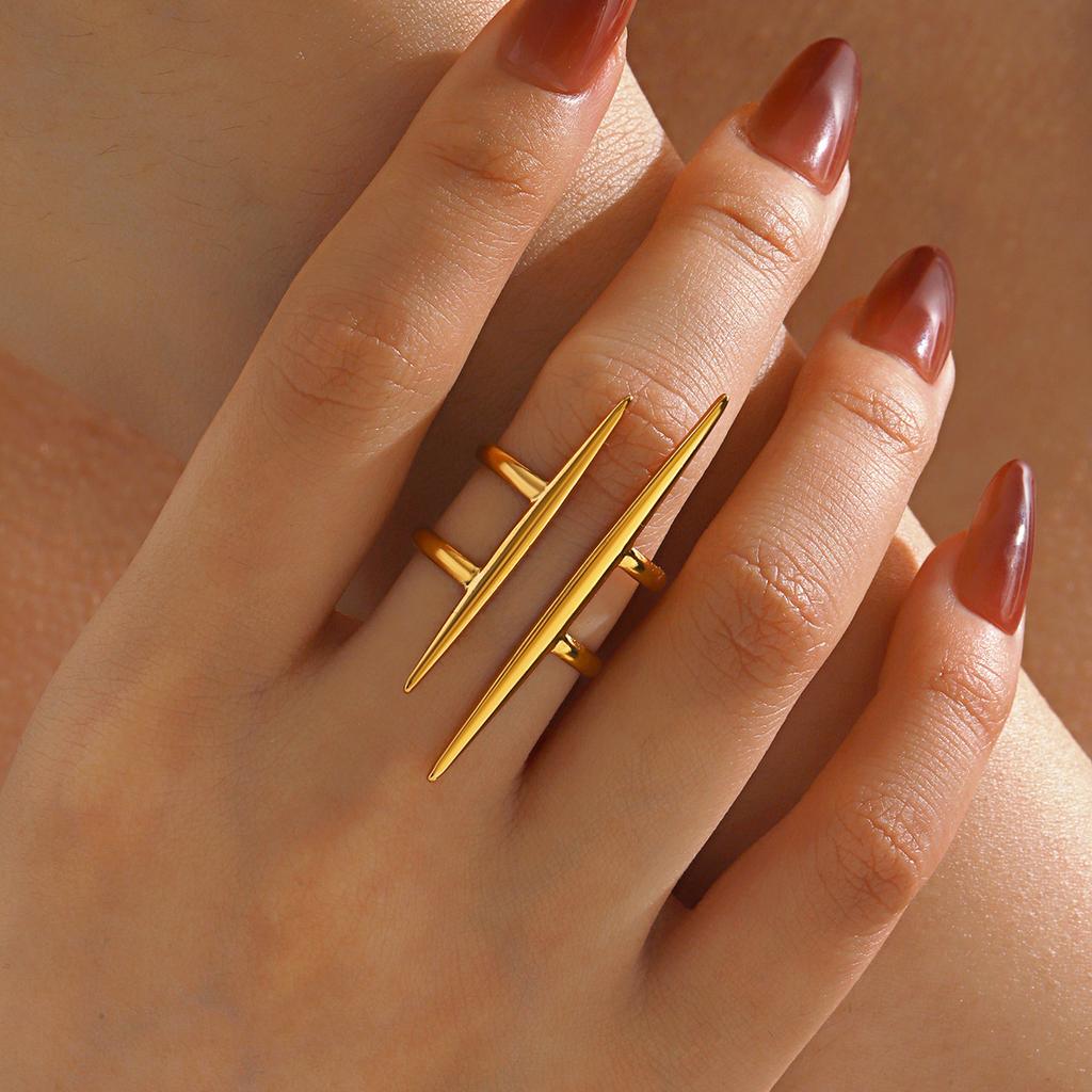 Stainless Steel 18K Gold Plated Vintage Parallel Double Line Hollowed Out Open End Ring Women Anti Allergic Charm Daily