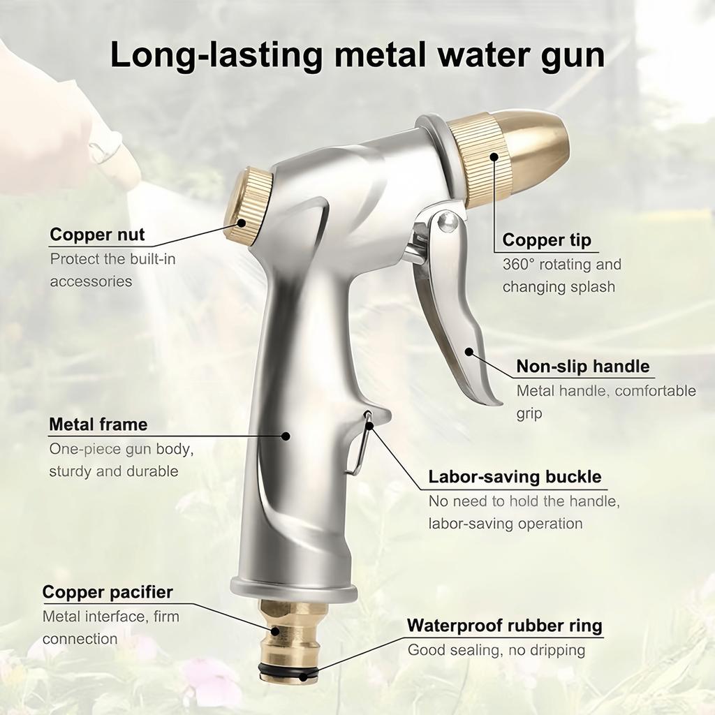 Heavy-Duty Metal Garden Hose Nozzle, 4 Spray Patterns, High-Pressure Gun for Watering, Car Wash, Yard Cleaning, Pet Bathing