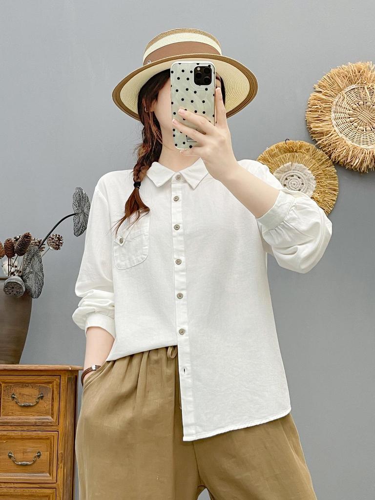 2026 Spring Women's Solid Color Slim Fit Long-Sleeve Single-Breasted Brushed Pocket Shirt