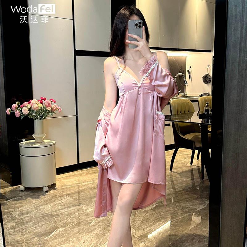 [Carefully Selected] Lace camisole nightdress, summer with bra pad, sexy ice silk nightgown, pure and alluring style slip dress coat set