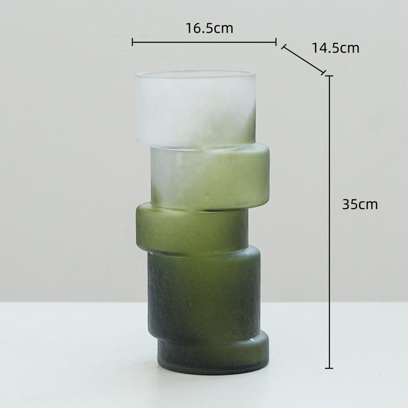 Vase en Verre Géométrique Désaligné Dégradé Mat Vert Joint de Bambou Vase en Verre Hydroponie Terrarium Accessoires de Décoration pour la Maison