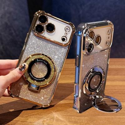 Glitter Plating Magnetic Stand Case For iPhone 17Air 16E 15 14 Plus 13 12 11 Pro Max Unique Four Corners Shockproof Cover