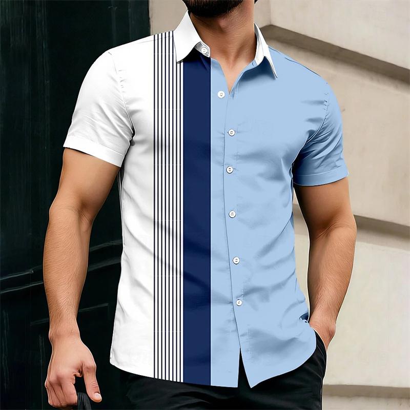 2026 Hot-Selling Summer Men's Color Block Striped Short-Sleeve Shirt, Outdoor Casual Slim Fit Collared Shirt, Hawaiian Shirt