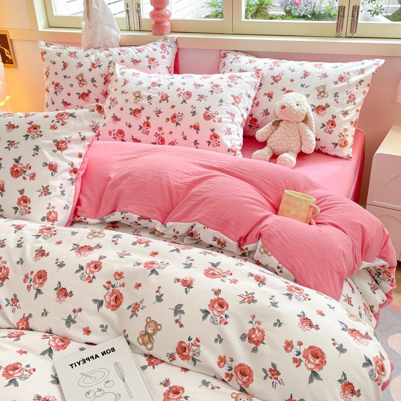 Class A Maternal And Infant Grade Washed Cotton Four-Piece Set Cotton Cartoon Small Fresh Pure Cotton Mattress Quilt Cover 3Pcs Set