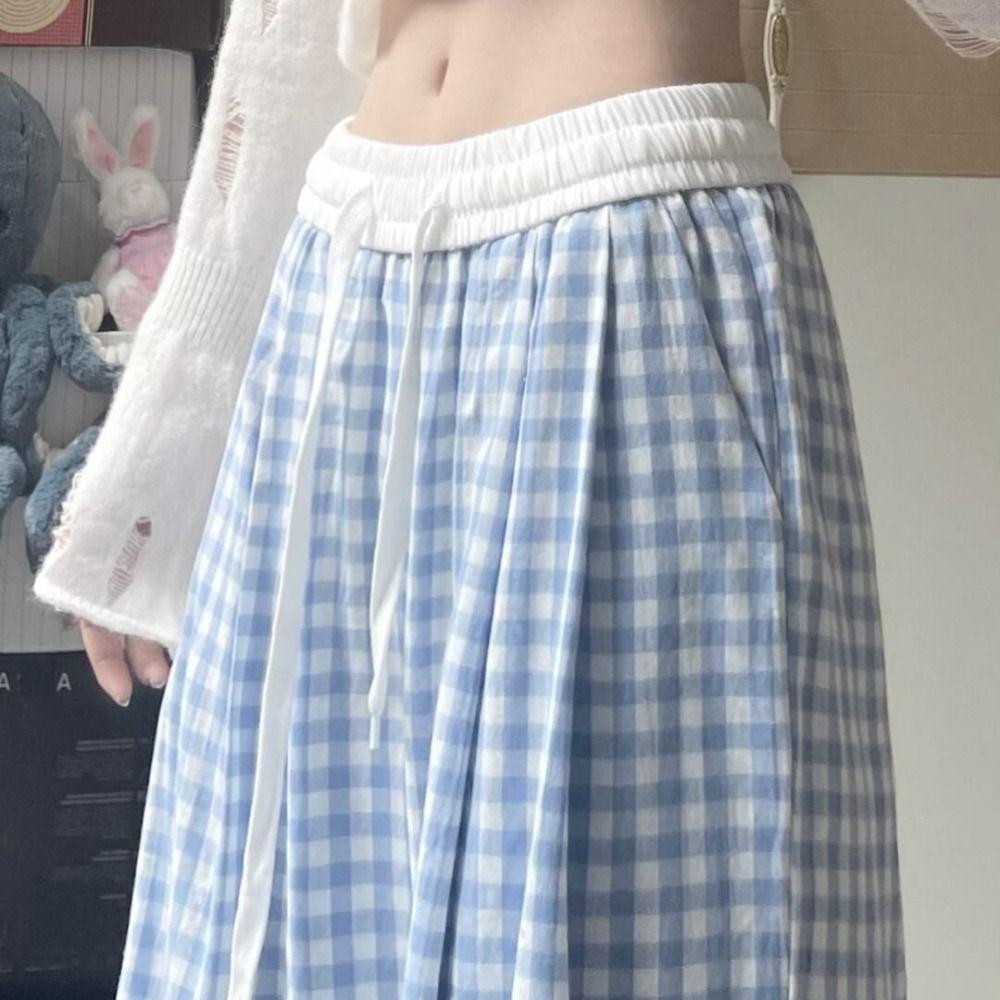 High Waist Plaid Pants Women Thin Y2K Drawstring Pants Comfort Straight Leg Pants  Summer
