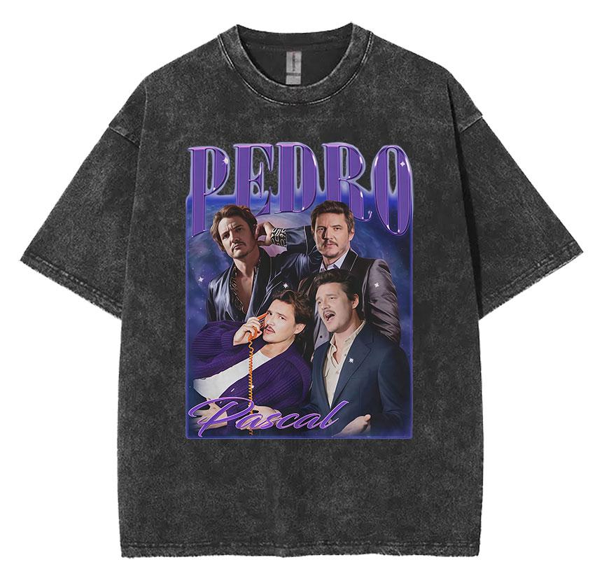 Limited Pedro Pascal Actor Washed Vintage T Shirt Men Women Casual Oversized Tshirt Fashion High Quality Cotton Tees Streetwear
