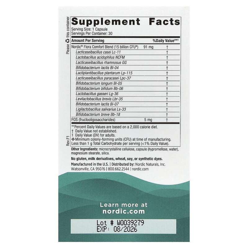 Nordic Flora Probiotic, Comfort, 15 Billion CFU, 30 Capsules