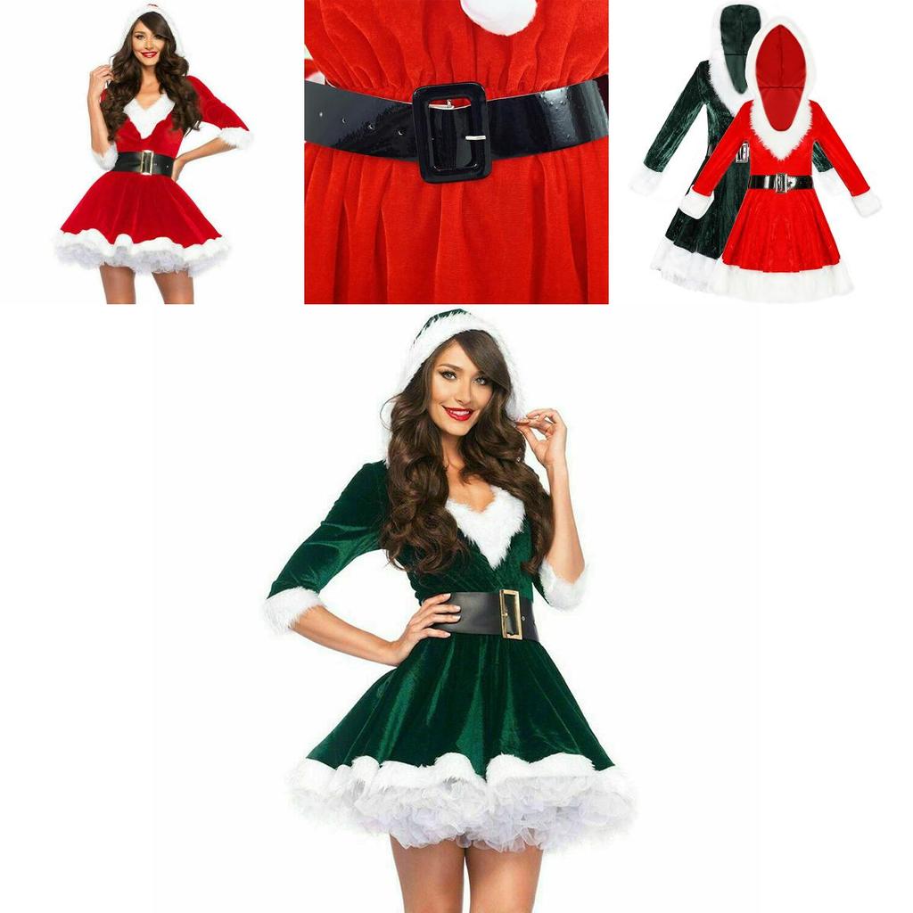 Festliches Weihnachtsmannkostüm für Damen und Mädchen mit weichem Samt und Kunstpelzbesatz