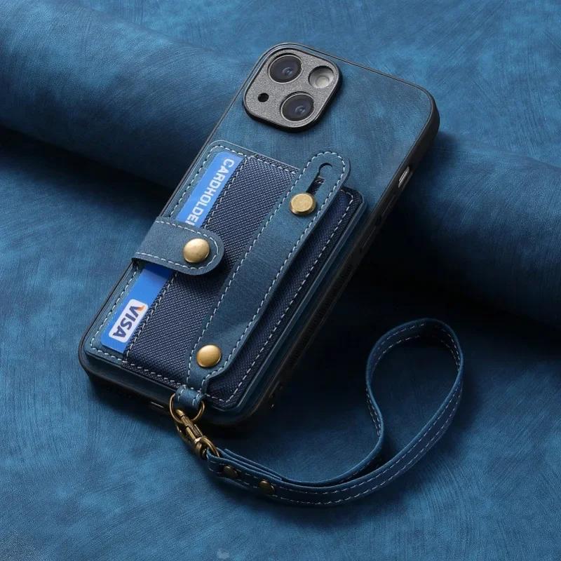 Wrist Strap PU Leather Stand Phone Case for IPhone 13 12 Mini 16 15 14 11 Pro Max XS X XR 8 7 Plus Wallet with Card Holder Cover