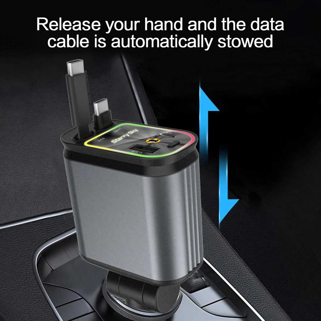 Fast Charging Car Charger 4 In 1 Retractable Car Charger with USB Type-C Cable & 2 Type C Charging Ports, Universal Car Charger
