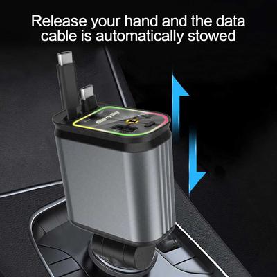 Fast Charging Car Charger 4 In 1 Retractable Car Charger with USB Type-C Cable & 2 Type C Charging Ports, Universal Car Charger