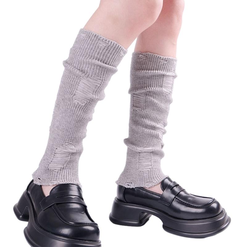 Japanese Punk Leg Warmers Women Solid Color Ribbed Knit Long Socks Y2K Distressed Ripped Boot Cuffs Leg Cover Streetwear