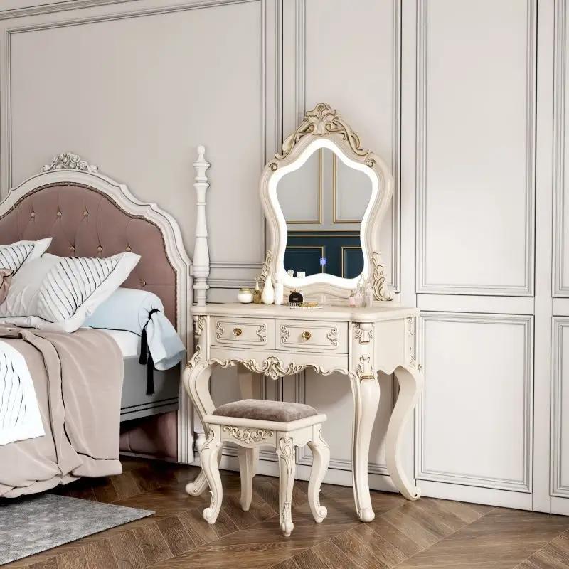 European Dressers Vanity Table Set with Mirror White Makeup Desk with Drawers & Stool - Small Wood Dressing Table for Bedroom