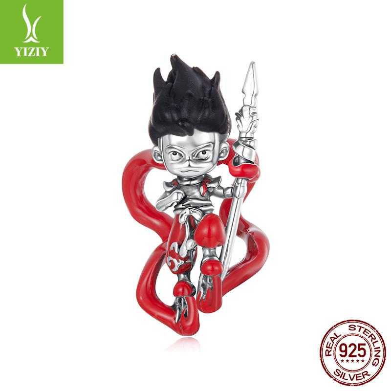 S925 Sterling Silver Nezha Bracelet Beaded National Tide Style Animation Diy Beads Loose Bead Jewelry Accessories