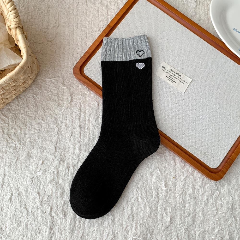 

Вертикальные полосатые кружевные носки, женские махровые носки с вышивкой в форме сердца, женские дышащие носки до середины икры с обувью биркенштоки, хлопковые носки 1 pair чёрный