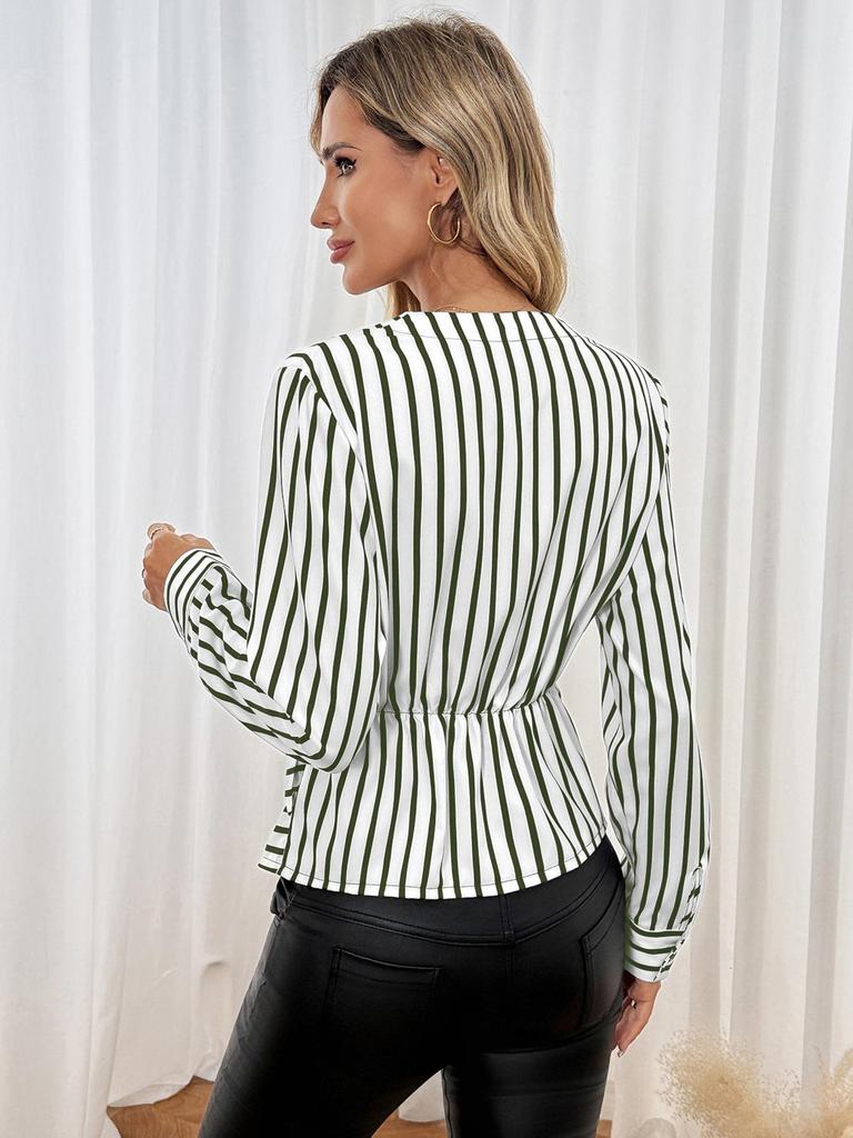 2025 Autumn Women's V-Neck Stripe Patchwork Waist-Cinching Long Sleeve Top