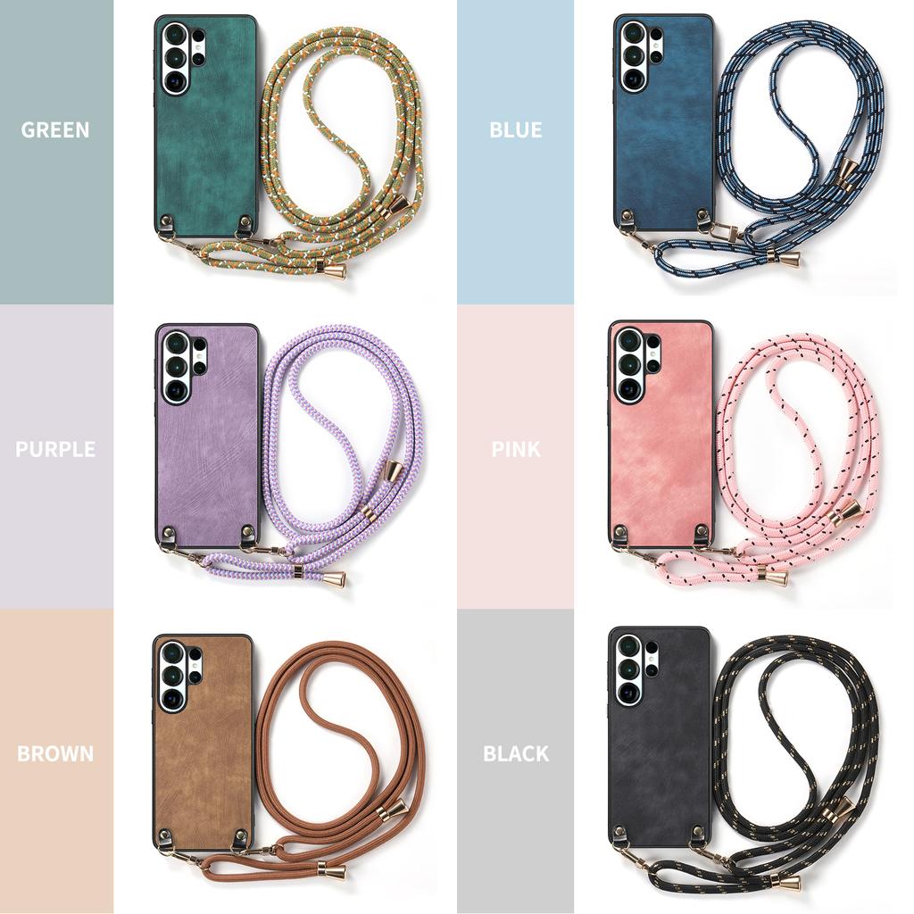 Crossbody Long Lanyard Strap Anti-Drop PU Leather Phone Case For Samsung S25 Ultra S24 Plus S23 A16 A06 A17 A07 Slim Fit Cover