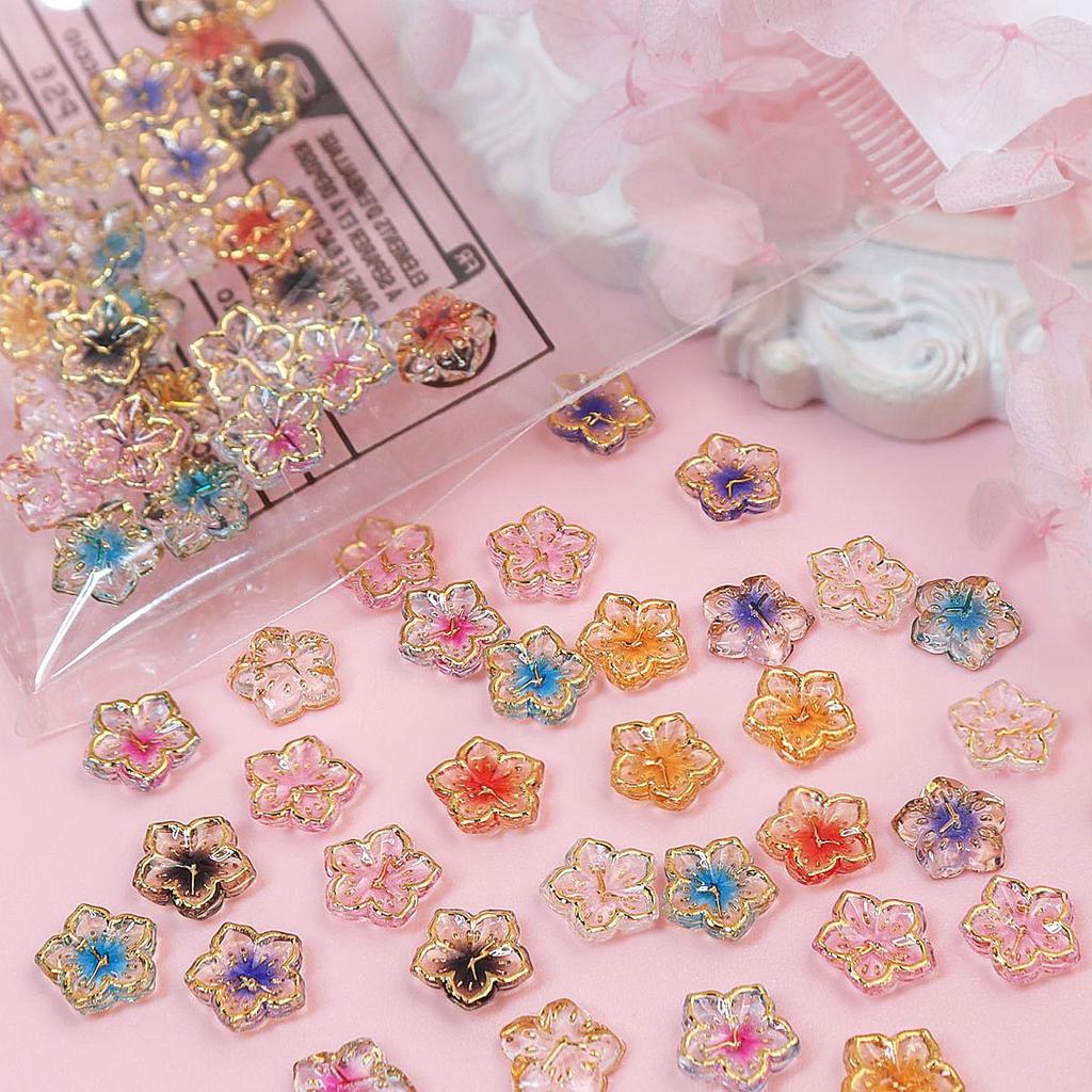 30Pcs 8mm 3D Mini Flower Nail Art Charms, Golden Edge Floral Decoration Nail Accessories for Spring & Summer DIY Manicure Accessories