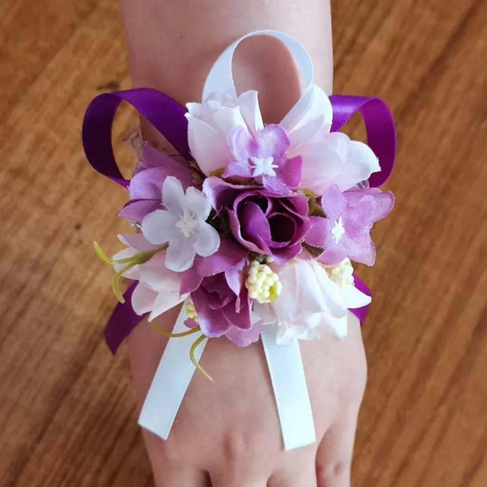YO CHO Wedding Corsages Flower Groom Boutonniere Purple Silk Rose Man Brooches Wedding Bridesmaids Bracelet Wrist Corsage Flower