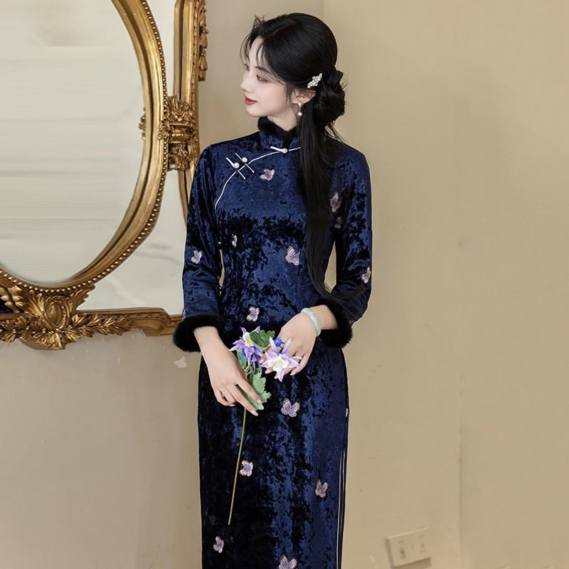 Womens Long Sleeve Velvet Winter Qipao Dress Vintage Chinese Style Modernized Fit