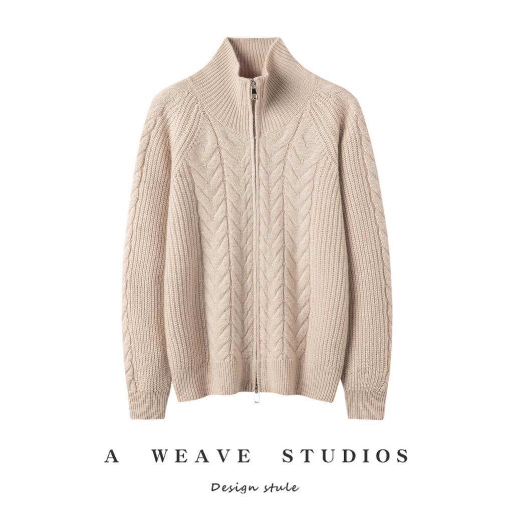 Elegant Cashmere Cable Knit Cardigan: Women's Half-High Collar Zipper Wool Coat for Autumn/Winter 2026.