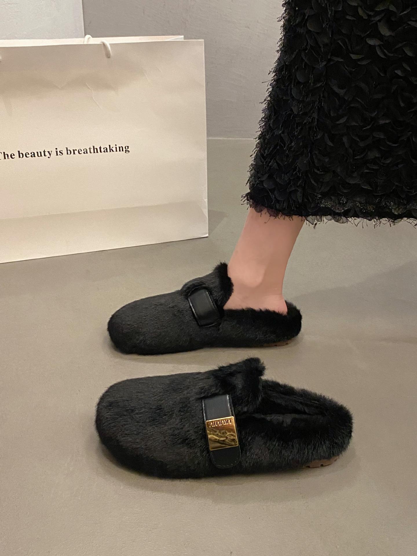 

Ретро тапочки Мао Мао женские 2025 новые осенне-зимние на плоской подошве с премиальным чувством для носки на улице плюшевые модные универсальные хлопковые тапочки 40 чёрный