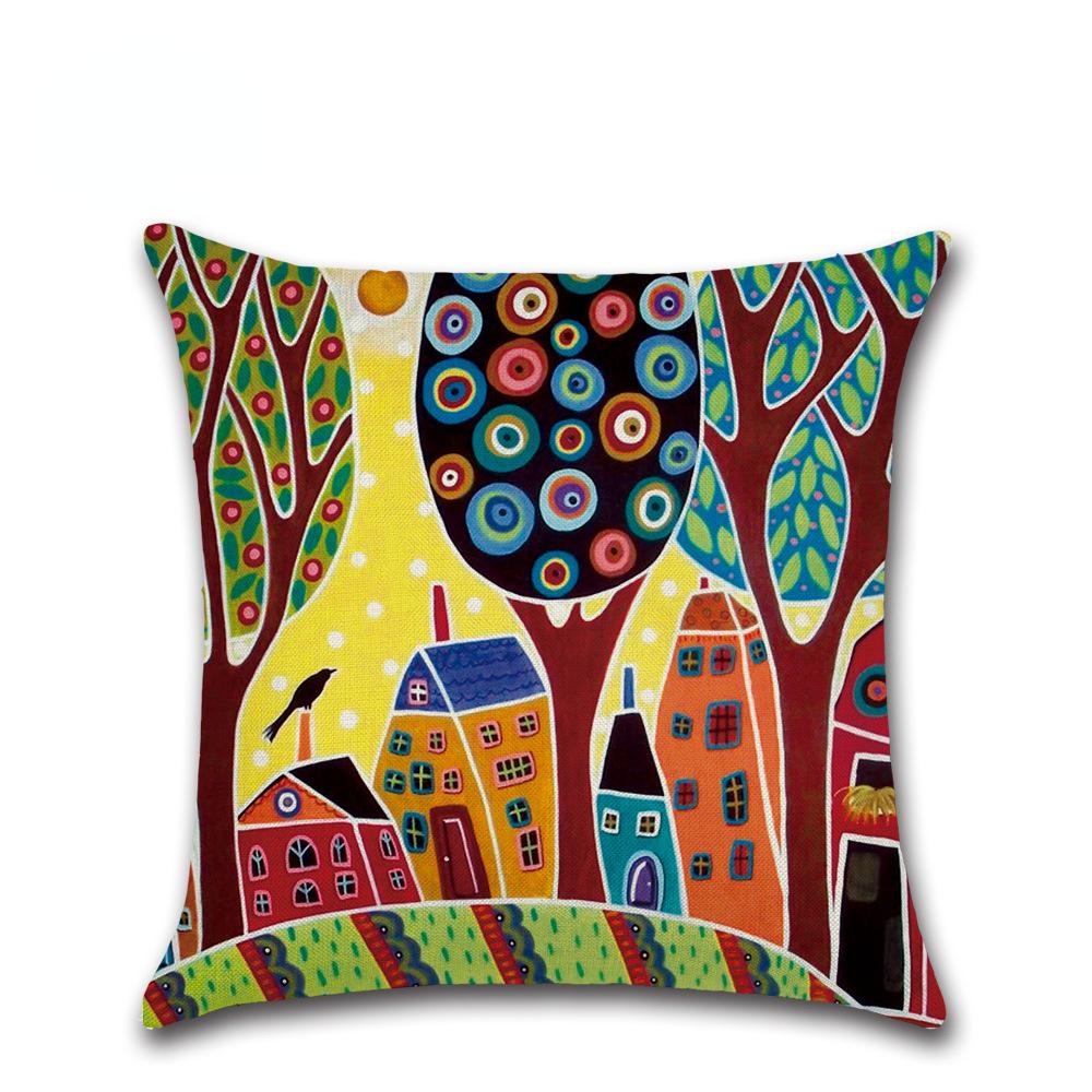 1 Pc Hand Painted Retro Rural Color City Cushion Cover Linen Decorative Cushion Car Home Decoration Pillow Case WBL