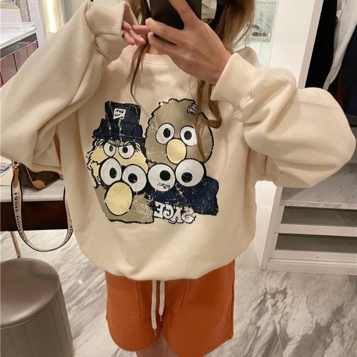 Nostalgic Retro Style Fleece Sweater Women's 2025 Autumn and Winter Cute Cartoon Print Loose and Versatile Crew Neck Long-sleeved
