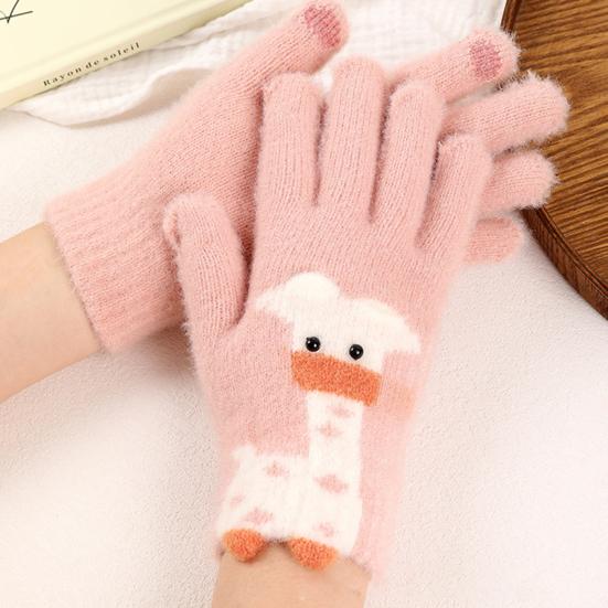 1 Pair Women Giraffe Knitted Gloves Winter Warm Thick Yarn Touchscreen Gloves Outdoor Cycling Cold Weather Five-Finger Thermal Gloves