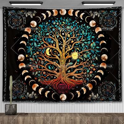 Tapiz de Árbol de la Vida para Colgar en la Pared Bohemio Hippie Árbol de los Deseos Tapices Decoración de Habitación Mantas Estéticas Sol Luna Tarot Paños de Altar