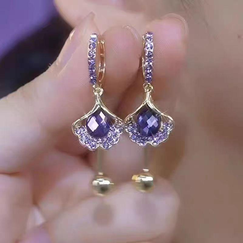 Vintage design opal ginkgo biloba stud earrings femininity personality Internet celebrity earrings earrings