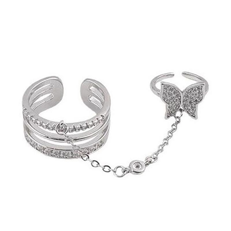 Trendy Personality Double Finger Chain Rings For Women Girls Tassel Butterfly Punk Rings Ladies Fashion Hip Hop Jewelry Gifts