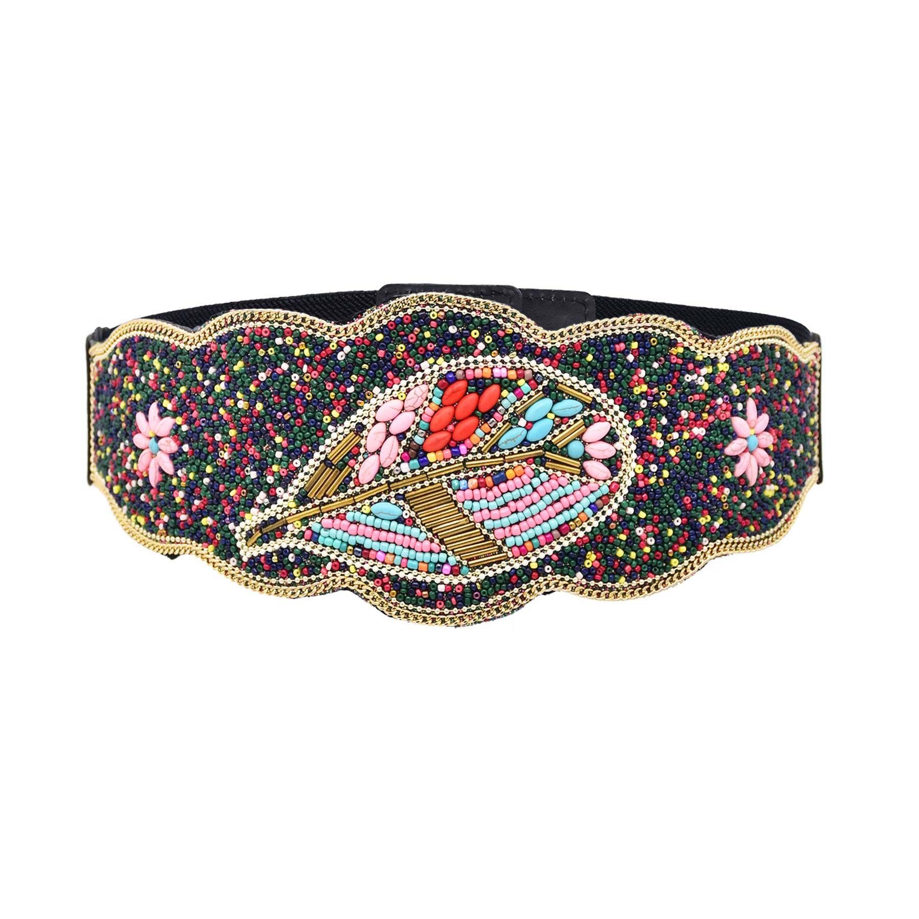 Bohemian Women Belts Wide Stretch Elastic Waist Cinch Belt Handmade Beaded Flower Adjustable Belt for Dresses bohemian серый